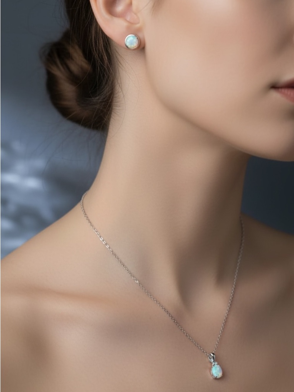 White Gold Plated Fire Opal Pendant Necklace with CZ Accents. New.